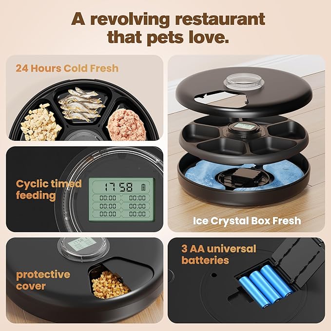 Automatic Cat Feeder Wet Food: Cordless Dog Food Dispenser - Small Pet Fresh Food Refrigerated Container with 2 Ice Packs - Programmable Timer AA Battery Powered Kitten Feeding Bowls - 6 Meals Per Day