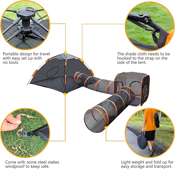 Kimruule Outdoor Cat Enclosures, 4-in-1 Cat Tent Outside with Cat Tunnels for Indoor Cats, Large Cat Playpen Outdoor with Cat Toys for Cats Rabbits Ferrets Dogs and Small Animals