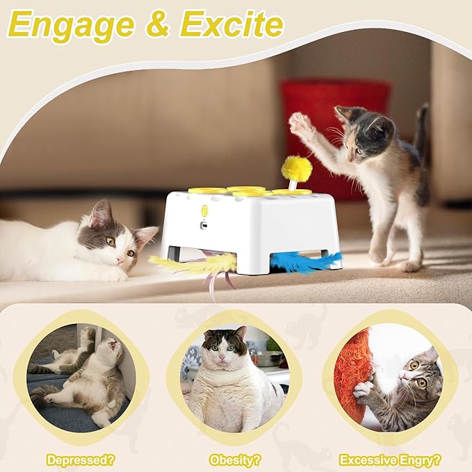 Cat Toys, Interactive Cat Toys, 2-in-1 Automatic Cat Toy, 4 Holes Mice Whack A Mole Cat Mouse Toy with Moving Feather, Portable USB Rechargeable Electronic Kitten Toys (White & Yellow)