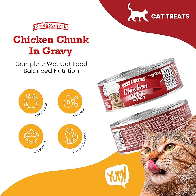 Beefeaters Cat Treats - Tuna Chunk in Gravy 3oz, Case of 24 | Premium Wet Cat Food, Rich in Vitamins & Taurine | No Artificial Additives | Training Treats