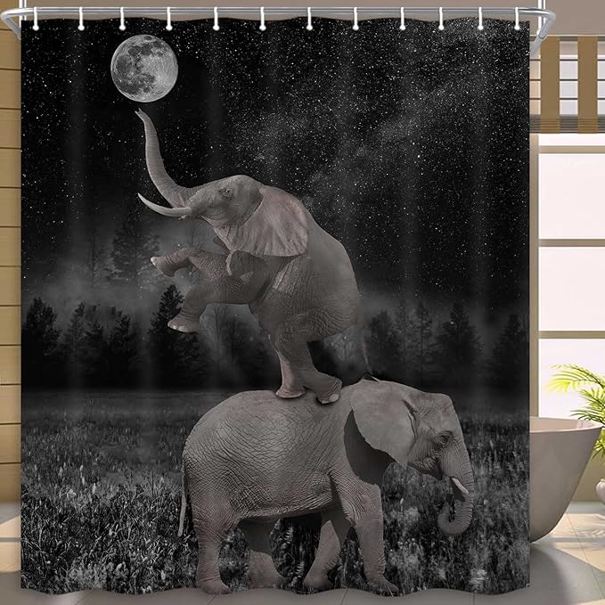 Boziqr Funny Shower Curtains for Bathroom, Cute Elephant Moon Forest Bath Curtain, Rustic Farmhouse Decor Polyester Fabric Fun Cool Animals Black 70 x 70 Inches