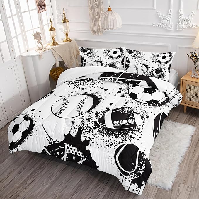 Axolotl Ball Sports Queen Comforter Set, Football Soccer Bedding, Baseball Comforter Set, Hip Hop Graffiti Artwork Bedding For Boys Kids Men, 1 Quilt 2 Pillowcases