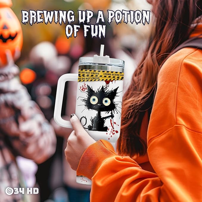 34HD Horror Cat Tumbler with Lid & Straw, 40oz Stainless Steel Vacuum Insulated Coffee Mug with Kitty, Horror Movie Cup, Black Cat Gifts for Women Birthday Halloween Christmas Mothers Day