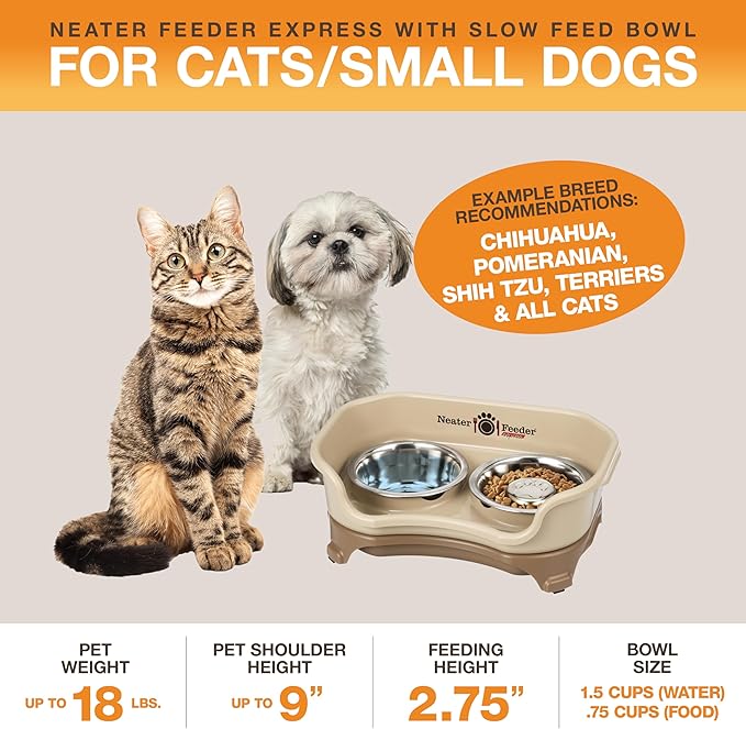 Neater Feeder Express Mess Proof Dog Bowls Elevated for Small Breed – Made in USA – No Spill Raised Slow Feeder Elevated Dog Bowl Stand, Stainless Steel Food and Water Bowl Set, Cappuccino