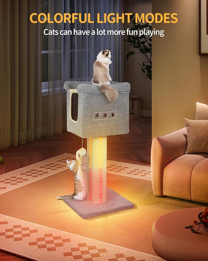 39-Inch Cat Scratching Post Tower with Bed, Cat Tower with LED Light Strip, Cat Scratcher Post with Woven Sisal, Condo, Pompom, Light Gray MS99018LG