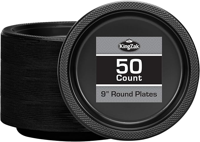 Black Plastic Plates 9 Inch - 50 count - Plastic Solid Round Party Plates For Weddings, BBQs, Birthday Plates - Disposable Black Plates - Plastic Dessert Plates