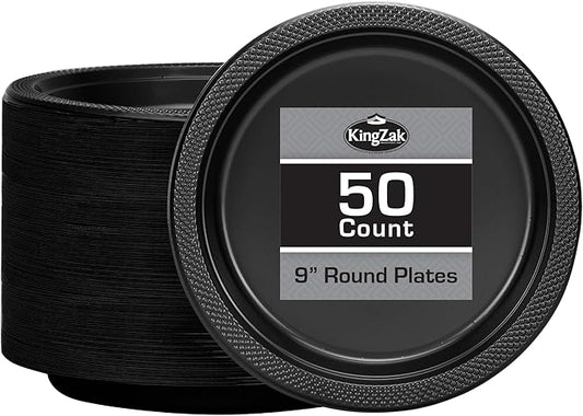 Black Plastic Plates 9 Inch - 50 count - Plastic Solid Round Party Plates For Weddings, BBQs, Birthday Plates - Disposable Black Plates - Plastic Dessert Plates