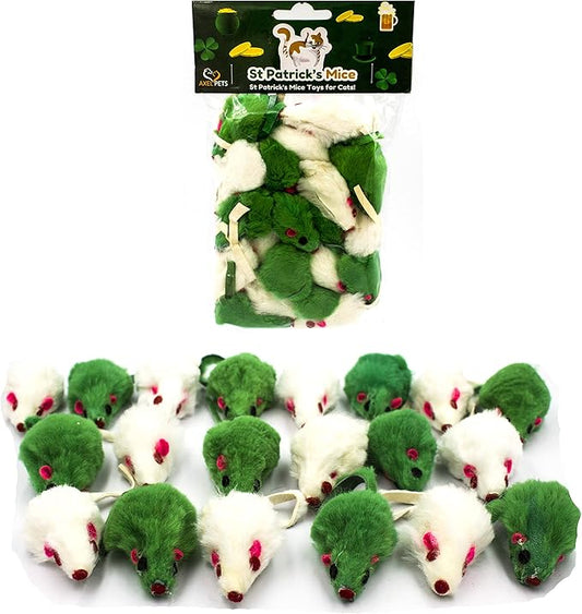 20 St Patrick's Day Irish Festive Holiday Cat Mice Toys with Catnip and Rattle Sound Made of Real Rabbit Fur Interactive Catch Play Mouse Toy for Cat, Pack of 20 Mice