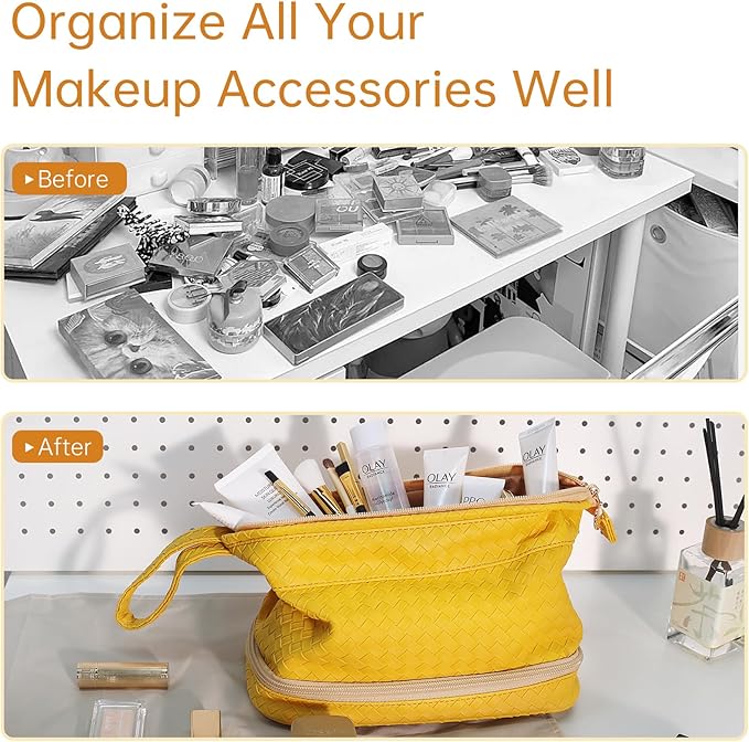 Abiudeng Large Capacity Makeup Bag Ladies Cosmetic Bag Travel Bag with Compartments Portable PU Leather Travel Makeup Bag with Handle