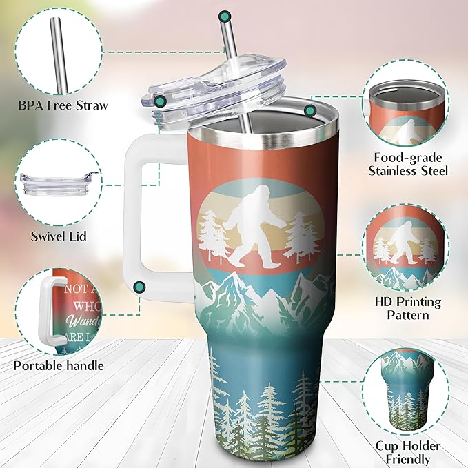 Bigfoots 40 Oz Tumbler with Handle and Straw, Double Wall Stainless Steel Wander Cup, Insulated Keeps Drinks Cold & Hot, Gifts for Bigfoots Lovers
