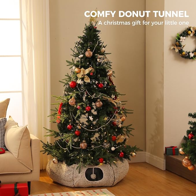 PEQULTI Cat Tunnel with Cat Bed for Indoor Cats, Cat Play Donut Tunnel with Washable Soft Plush Mat, Round Cat Tunnel Toys Cute Cat Tube for Kittens, Puppies, Rabbits and Ferrets, Grey