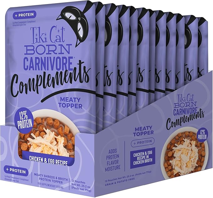 Tiki Cat Born Carnivore Complements Wet Cat Food Topper, Chicken & Egg 2.1 oz. Pouch (12 Count)