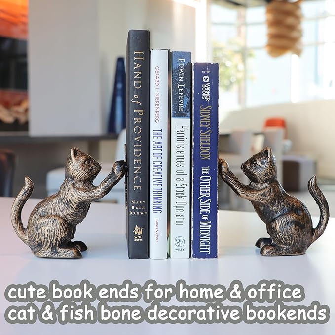 Book Ends Decorative Vintage Bronze Cat Book Holders, Antique Bookends for Heavy Books, Unique for Cat Lovers, Cast Iron Book Stopper