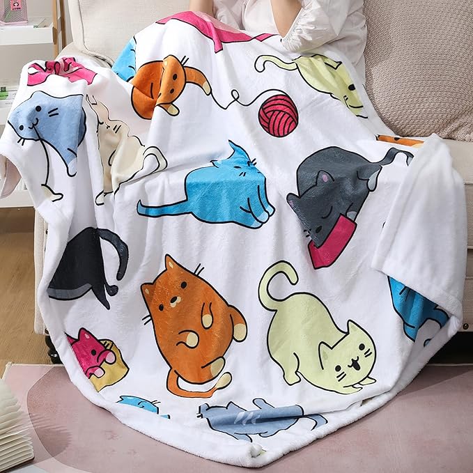 Sviuse Cat Blanket Cat Gifts for Cat Lovers Soft Flannel White Cats Pattern Throw for Girls Women Kids (50" X 60", Cat 6)