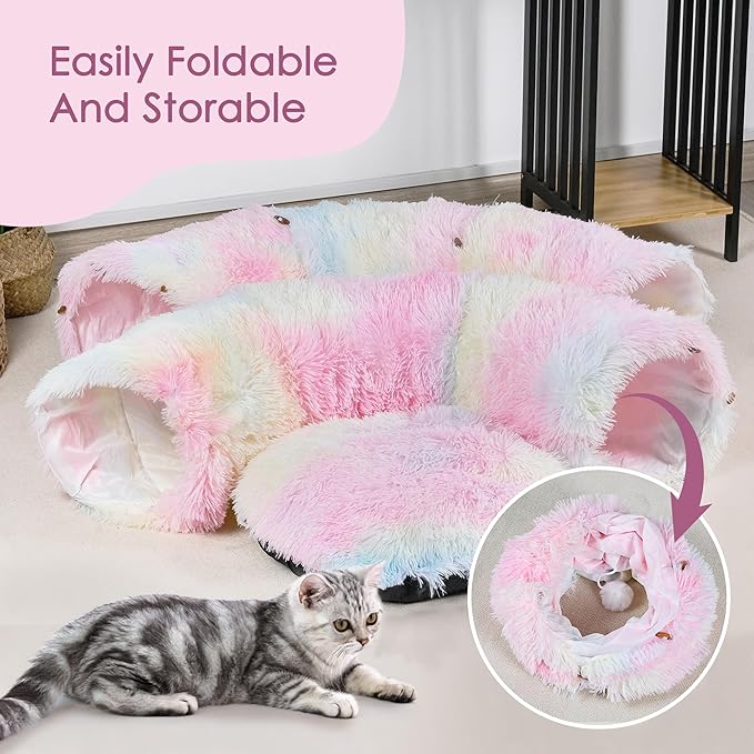 Cat Tunnel Bed for Indoor Cats, Catasaurus Peekaboo Cat Cave with Washable Soft Play Mat, Furry Cat Tube, for Kitten/Puppy/Rabbit, Pink