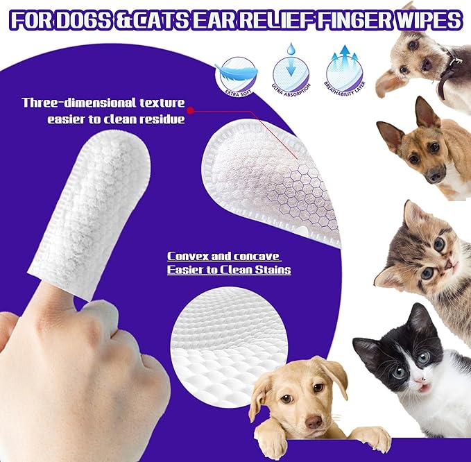 55 Count PET Ear Cleaning Finger Wipes for Dogs & Cats,Ear Cleaner Finger Wipes,Removes Dirt & Odor,Easy to Use, Natural Ingredients (Ear Cleaning Wipes)