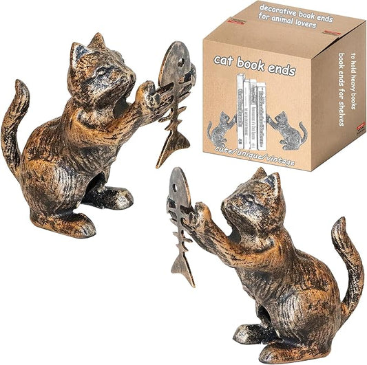 Book Ends Decorative Vintage Bronze Cat Book Holders, Antique Bookends for Heavy Books, Unique for Cat Lovers, Cast Iron Book Stopper