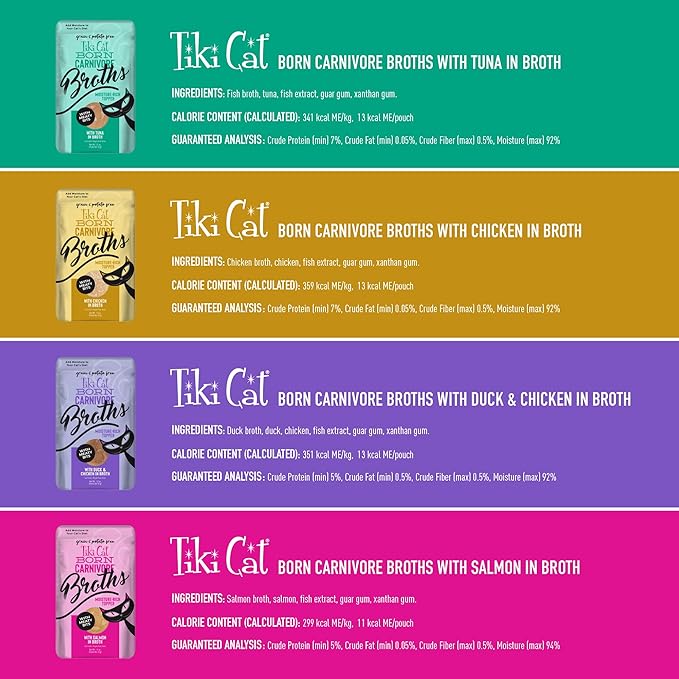 Tiki Cat Born Carnivore Broths Variety Pack, Meaty Bites, Hydration and Flavor Supplement Wet Cat Food Topper, 1.3 oz. Pouch (Pack of 12)