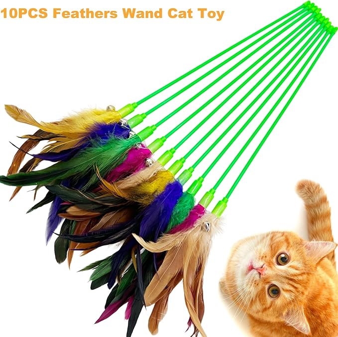 Cat Wand Toy Cat Feather Toys, 10 Pieces Feather Stick Cat Toys, Interactive Feathers Wand Cat Toy for Indoor Cats Play