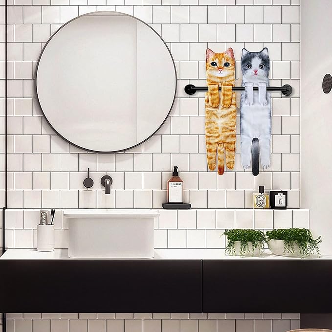 Cat Funny Hand Towels for Bathroom Kitchen- Cute Decorative Kitten Decor Hanging Face Towels- Unique Housewarming Valentines Mothers Birthday Gifts for Women Mom Cat Lovers