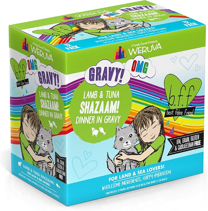 Weruva B.F.F. OMG - Best Feline Friend Oh My Gravy!, Shazaam! with Lamb & Tuna in Gravy Cat Food, 2.8oz Pouch (Pack of 12)