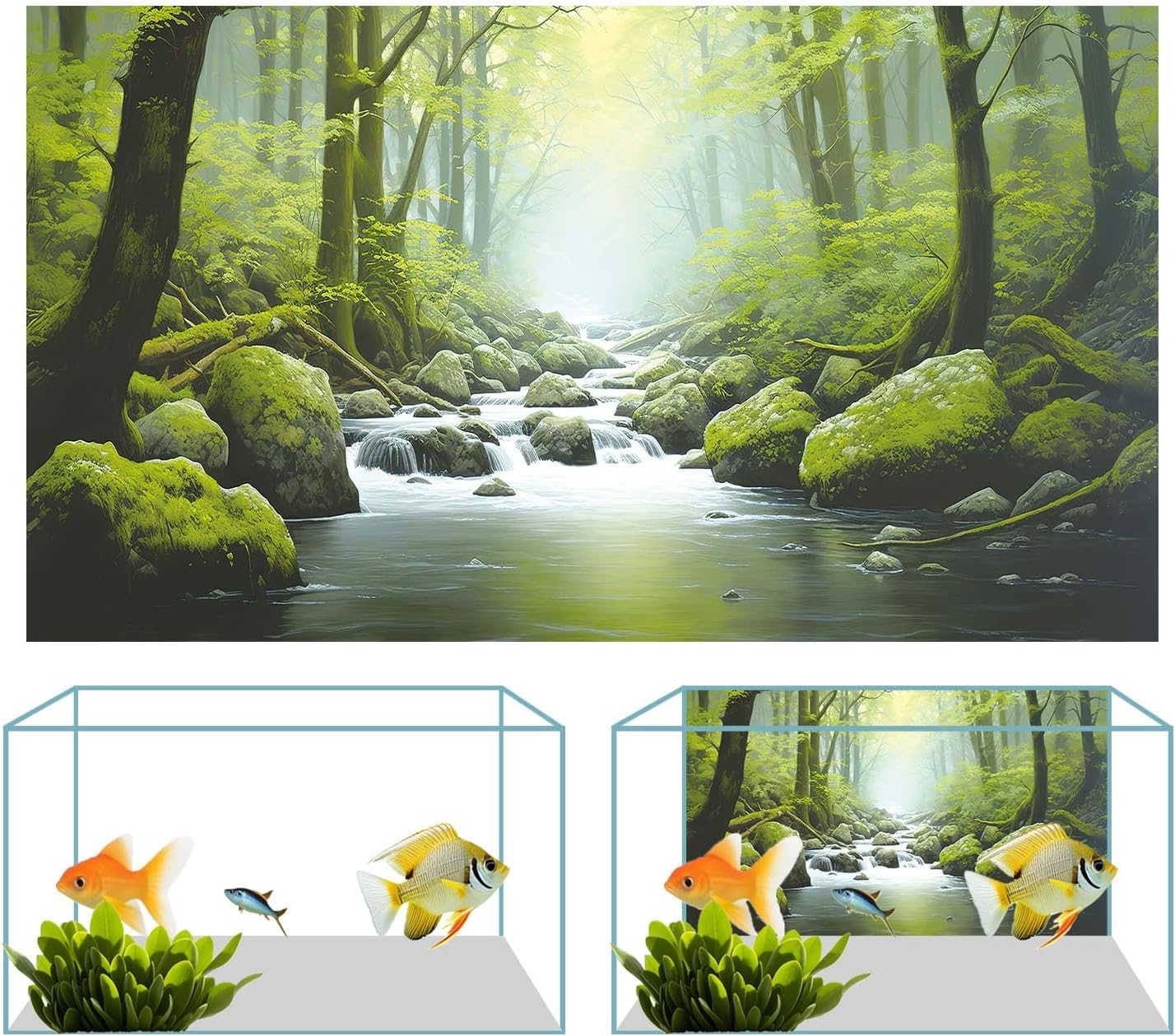 30X18IN Tropical Forest Terrarium Background, Natural Green Forest Tree Reptile Habitat Background, Misty Rainforest Aquarium Background, with 8 EVA Double-Sided Tape
