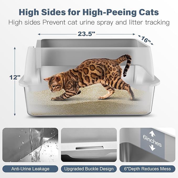2 Pack Stainless Steel Cat Litter Box with 1Pack Lid, XL Extra Large Litter Box for Big Cats, Metal Litter Box with High Sided Enclosure & Scoop, Anti-Leakage, Non-Sticky, Easy Cleaning