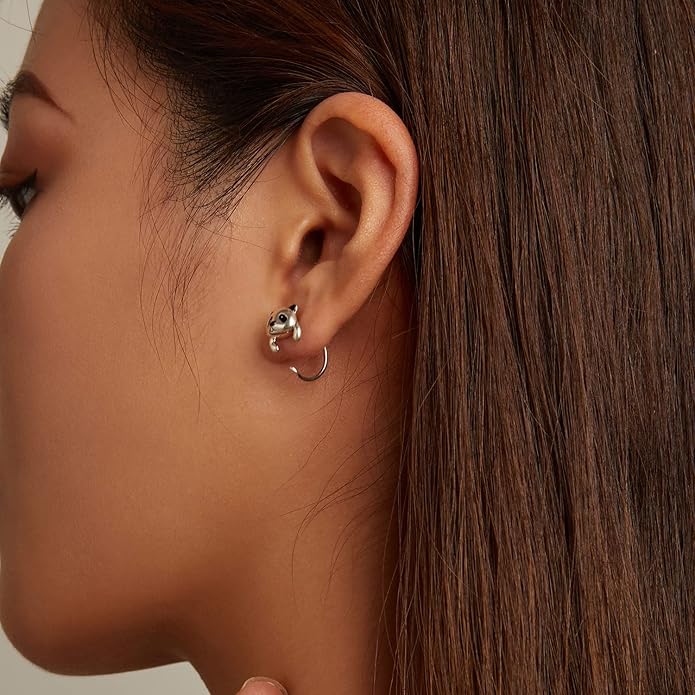 BISAER 925 Sterling Silver Half Huggie Hoop Earrings Cute Cat Dog Panda Animal Earrings for Women Jewelry Gifts