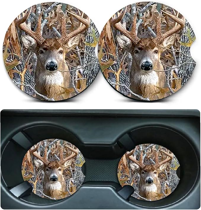 Car Coasters for Cup Holders,2 Pack Camo Deer Car Coasters,2.75" Universal Size Anti Slip Rubber Mat,Automotive Cup Holder Decal Decor Accessories,Camo Deer Gifts for Women,Men,Mom