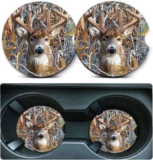 Car Coasters for Cup Holders,2 Pack Camo Deer Car Coasters,2.75" Universal Size Anti Slip Rubber Mat,Automotive Cup Holder Decal Decor Accessories,Camo Deer Gifts for Women,Men,Mom
