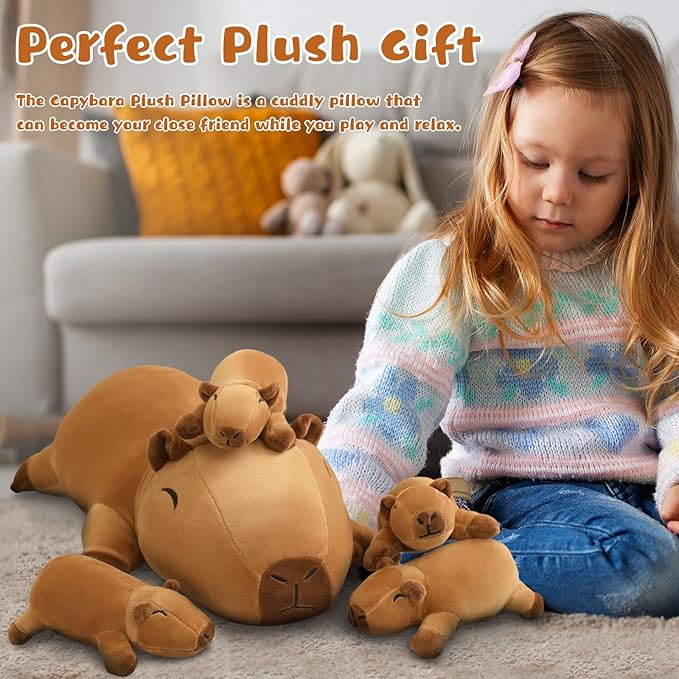 Capybara Plush Cute Capybara Stuffed Animal Pillow with 4 Baby Plushies in Her Tummy, Soft Cotton Stuffed Animals Toy Gifts for Kids