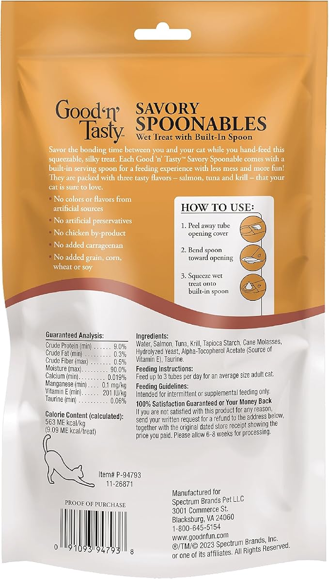 Good ‘n’ Tasty Savory Spoonables with Real Salmon, Tuna & Krill, 10 Count Tube, Triple Flavor Squeezable Lickable Wet Treats for Cats with Built-in Spoon for Less Mess