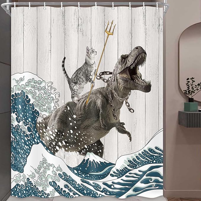 Boziqr Funny Cat Shower Stall Curtain, Cool Cat Dinosaur Japanese Ocean Wave Decor Fabric Bathroom Curtains, Kids Children Rustic Wooden Farmhouse Shower Curtain, 60 X 70 Inches