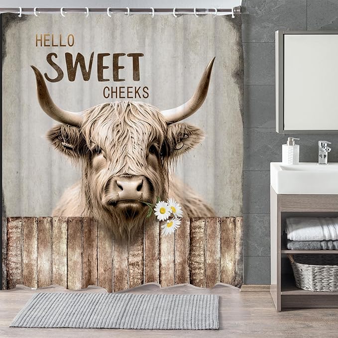 Highland Cattle Cow Bull Shower Curtains,Farmhouse Animal Rustic Country Shower Curtain for Bathroom,Western West Fabric Shower Curtain Set with Hooks Bath Decoration 72X78inches
