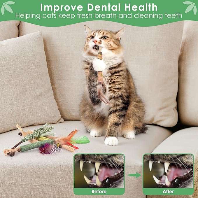 Bissap 16 PCS Silvervine Chew Sticks for Cats, Catnip Chew Sticks Cat Toys for Indoor Cat Kitten Teeth Grinding Interactive Feather Toys for Aggressive Chewers Dental Care