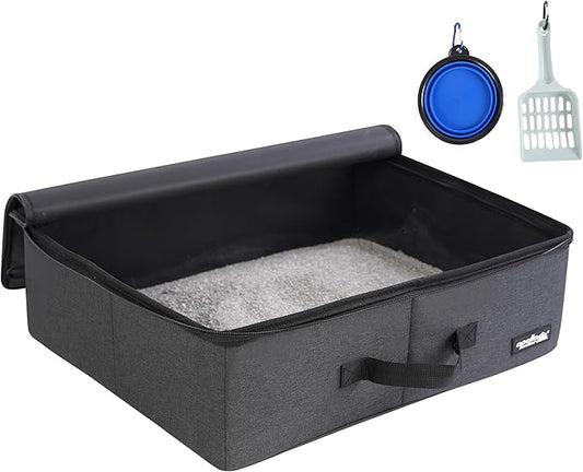 apollo walker Portable Cat Travel Litter Box with Zipped Waterproof Bag,Collapsible Litter Carrier for Cat with Zipped Lid and Handle, No Leakage, No Smell, Easy to Carry and Use in Hotels, Car Black