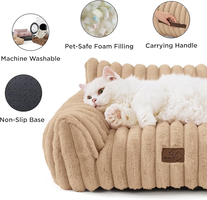 Bedsure Cute Cat Couch for Pets - Fluffy Cat Sofa with Premium Soft Corduroy Fleece, Fuzzy Cat Couch Bed with Removable Washable Cover, Supportive Cat Chair for Indoor Cats, 24inch, Tuscan Beige
