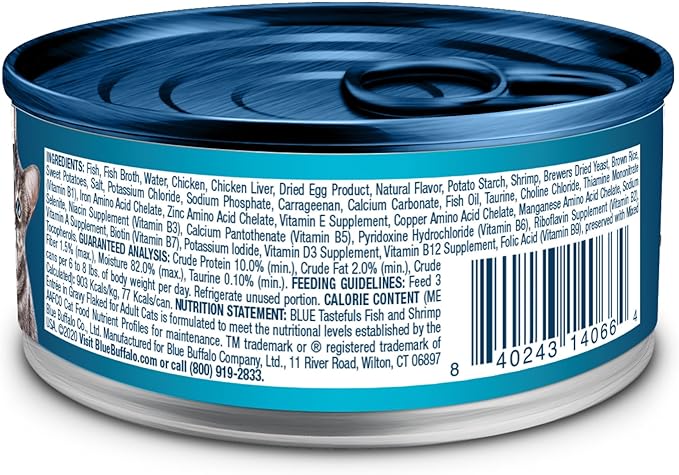 Blue Buffalo Tastefuls Flaked Wet Cat Food, Made with Natural Ingredients, Fish and Shrimp Entrée in Gravy, 5.5-oz Cans (24 Count)