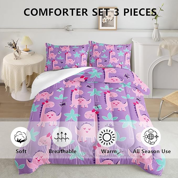 Axolotl Cute Dinosaur Comforter Set Twin Size,Girls Bedding Cartoon Dinosaur Bedding Set for Girls Teens Kids Boys Adults Room Decor,Kids Comforter Set All Season,1 Quilt 2 Pillow Cases,Purple