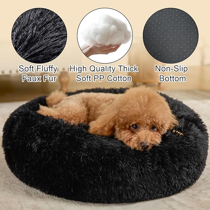 Dog Bed Calming Dog Beds for Small Medium Large Dogs - Round Donut Washable Puppy Dog Bed, Anti-Slip Faux Fur Fluffy Donut Cuddle Anxiety Cat Pet Bed(16'' Black)