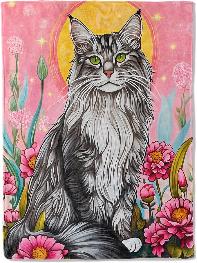 Aesthetic Maine Coon Cat Blanket - Super Soft, Cozy, Lightweight Flannel Throw - Warm, Plush Blanket for Couch, Bed, Office, Travel, Outdoor Ideal Gift for Adult - 50×60in