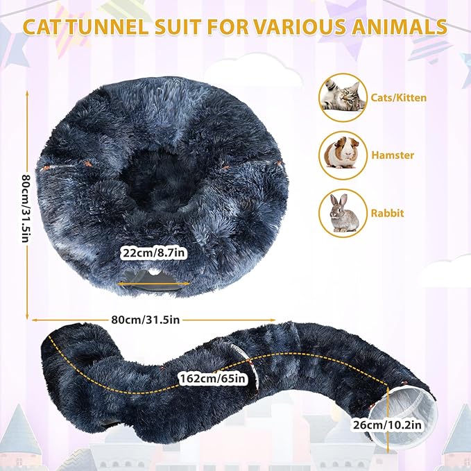 KOMUSMO Cat Tunnel Bed with Central Mat and Hanging Ball Toy, Multifunctional Large Cat Bed Cave Donut for Indoor Cats, Soft Plush Fluffy Collapsible Peekaboo Cave for Small Medium Large Cats Kittens