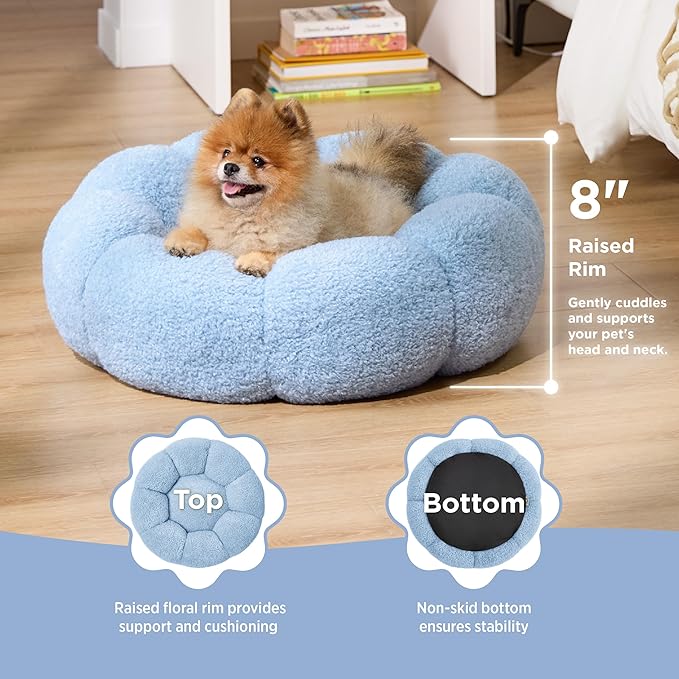 Lesure Calming Small Dog Bed - Flower Donut Round Fluffy Puppy Bed in Plush Teddy Sherpa, Non-Slip Cute Flower Cat Beds for Indoor Cats, Small Pet Bed Fits up to 25 lbs, Machine Washable, Blue 23"