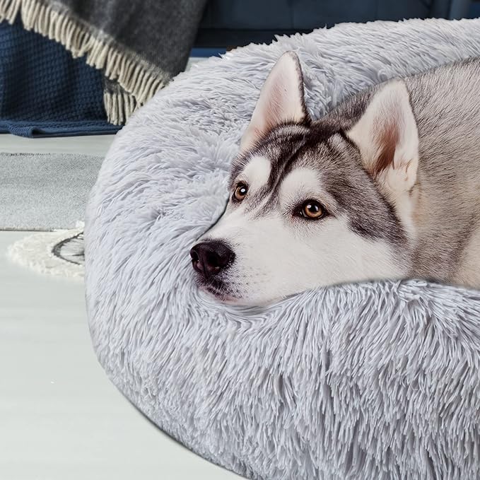 Large Dog Bed, Calming Donut Round Cat Bed for Medium Pet, Comfy Luxury Cuddler Anti Anxiety Plush Furry Cusion Mat(Grey 31.5")