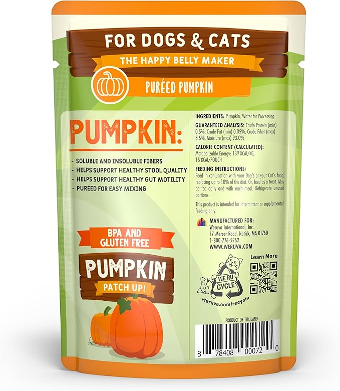 Weruva Pumpkin Patch Up!, Pumpkin Puree Pet Food Supplement for Dogs & Cats, 2.80oz Pouch (Pack of 12)