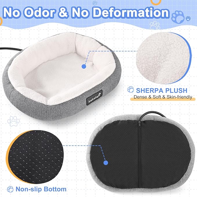 Indoor Heated Cat Bed, Heated Pet Bed for Indoor Cats Kitten Small Dogs Puppy Electric Warming Bed Heater Soft & Cozy Pet Heating Pad with Timer and Temp Adjustable Machine Washable-Oval Gray