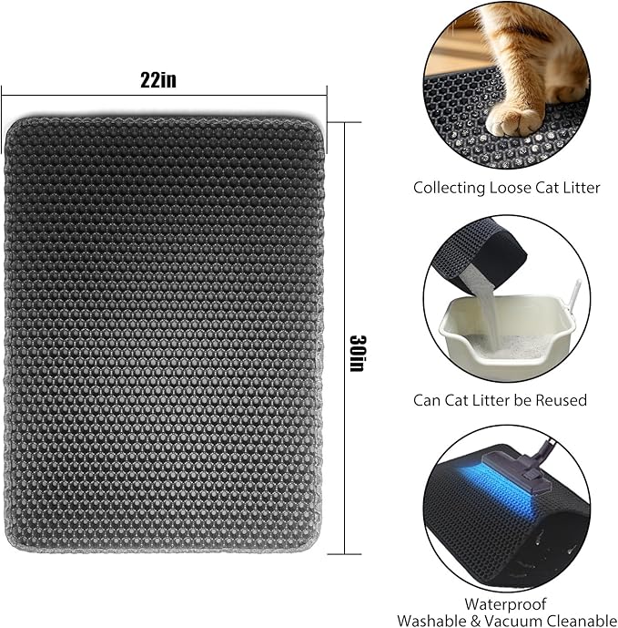 Black Cat Litter Mat, Anti-Tracking EVA, Waterproof & Non-Slip Honeycomb Design, Reusable & Easy to Clean（30x22in）