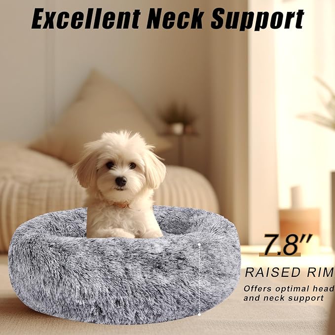 Calming Dog Bed, Dog Beds Fits up to 25 lbs Pets, Fluffy Donut Dog & Cat Bed Washable, Round Anti Anxiety Dog Bed, Small Dog Bed with Non-Slip Bottom (Grey White, 24" x 24")