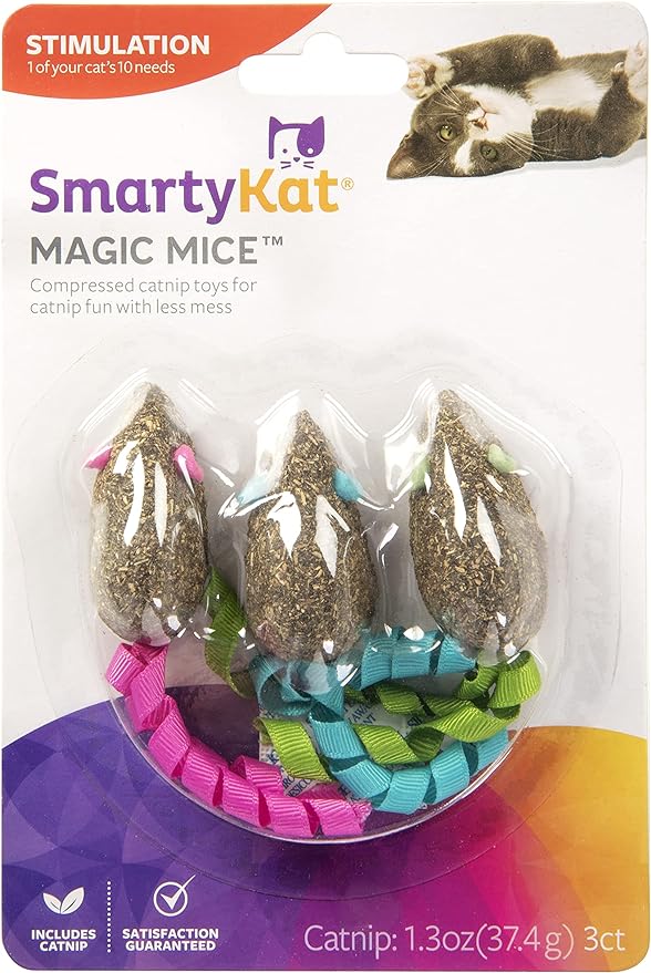SmartyKat (3 Count) Magic Mice Compressed Catnip Ribbon Cat Toys - Green/Pink/Blue, 3 Count