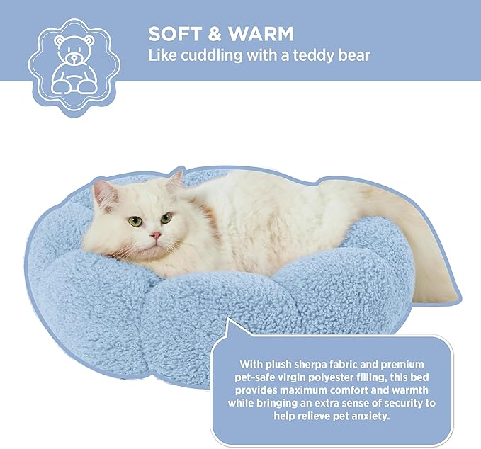 Lesure Calming Cat Beds for Indoor Cats - Cute Flower Pet Beds in Teddy Sherpa Plush, Donut Round Fluffy Puppy Bed, Non-Slip Extra Small Dog Bed Fits up to 15 lbs, Machine Washable, Blue 20"